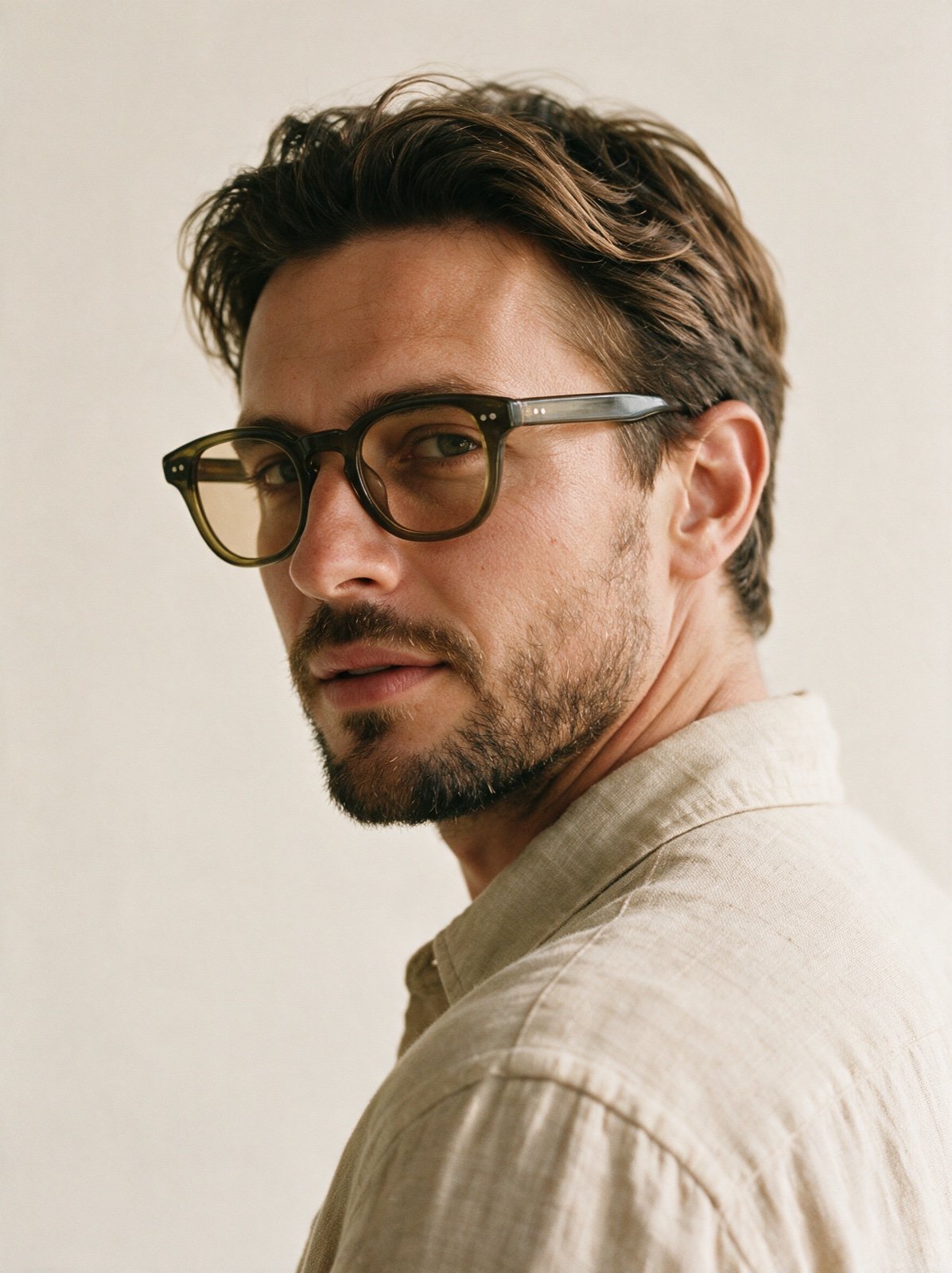 Man with a short beard wearing the Bohemian frame, seen from the side