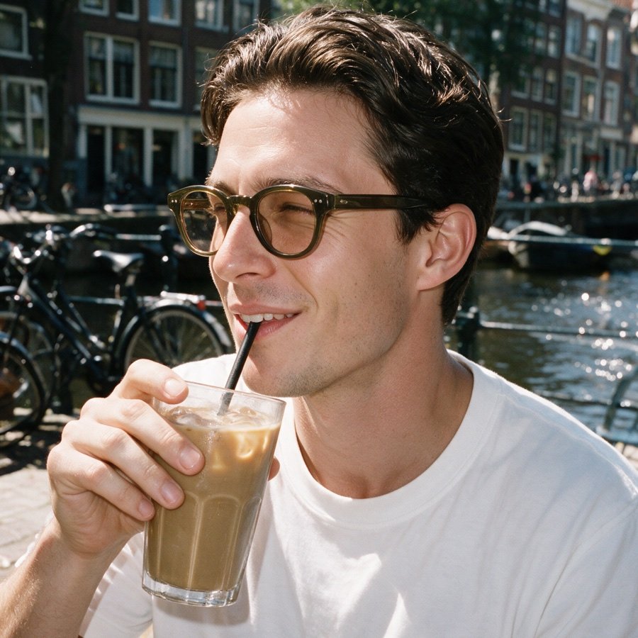 Man with an iced coffee on a sunny Amsterdam terrace, wearing the Bohemian