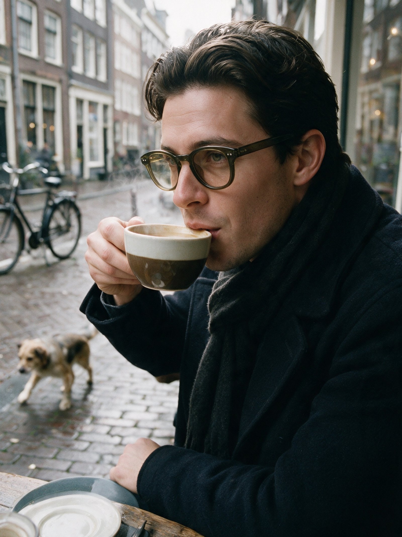 Man sipping a coffee at a cafe terrace on a wet winter day in Amsterdam, wearing the olive Bohemian frame